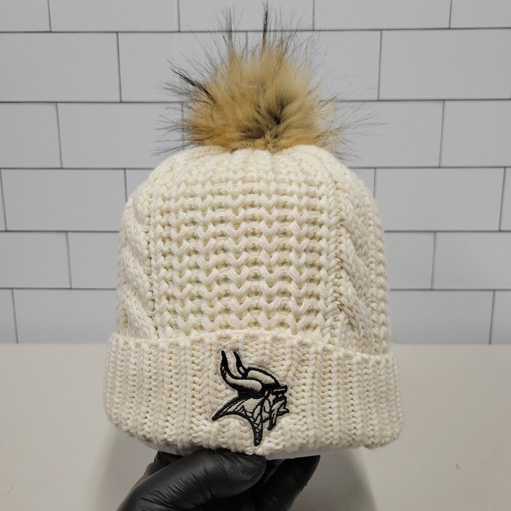 Minnesota Vikings Women’s Knit Beanie Pom Winter Hat Cream NFL Team Apparel